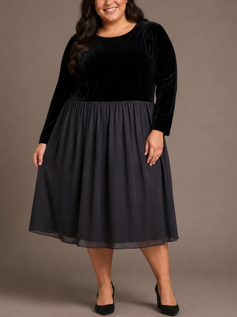 Ivy City Co. Symphony Velvet Chiffon Long Sleeve Midi Dress Black 1X NEW NWT
